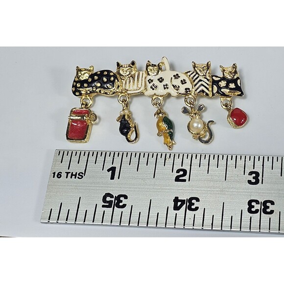 Vintage ANGEL Signed Multi Color Enamel Kitty Cat Kitten Brooch w/Toy Dangles - Picture 11 of 11